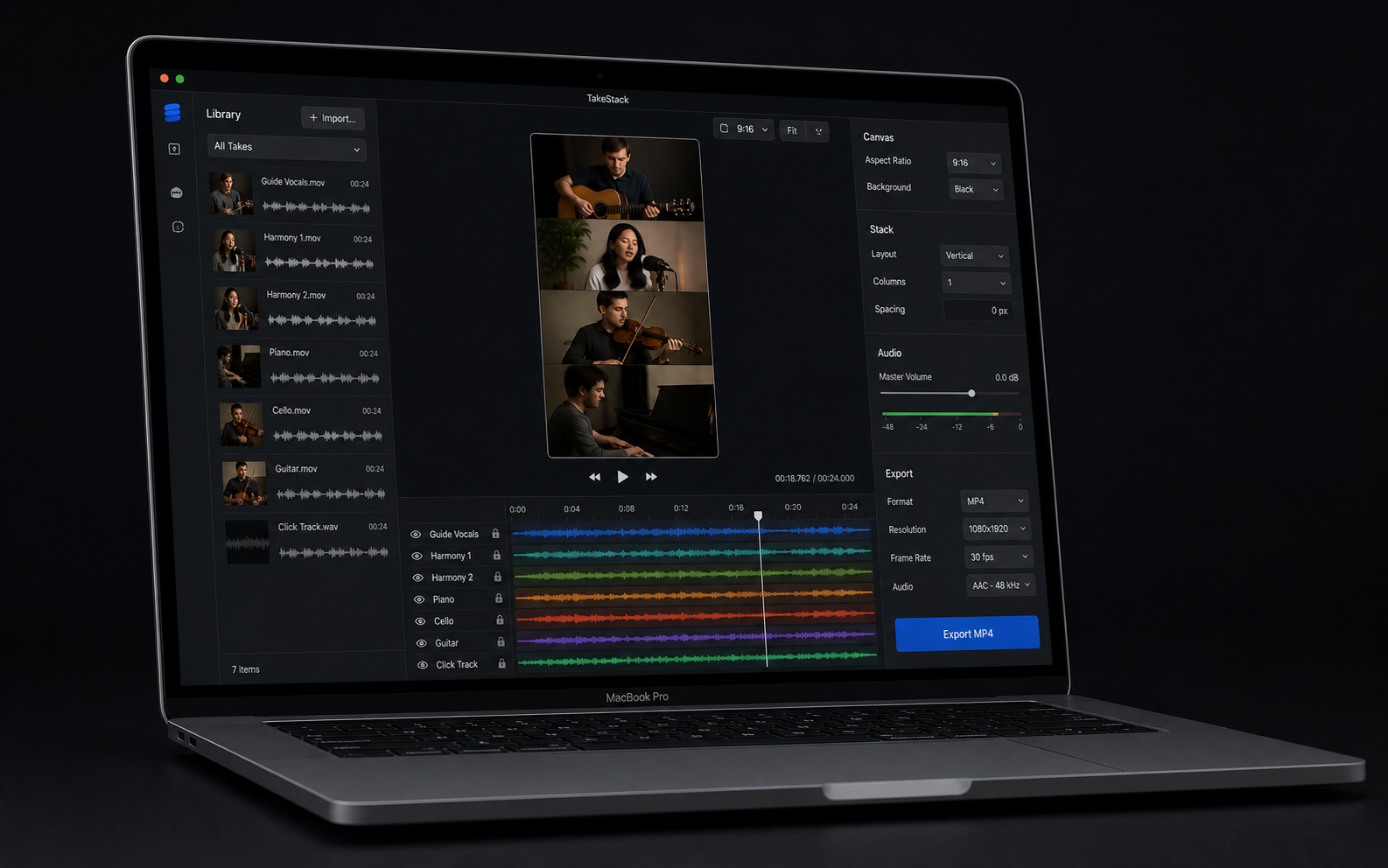 TakeStack Mac app showing imported music takes, a vertical stacked performance preview, waveforms, and export controls.